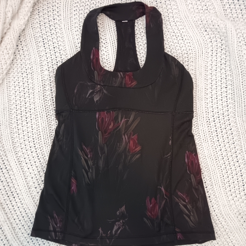 lululemon athletica Black Tank Top with Maroon Floral